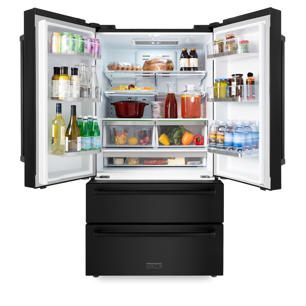 ZLINE 36 in. 22.5 cu. ft. Counter-Depth French Door Refrigerator with Ice Maker in Fingerprint-Resistant Black Stainless Steel (RFM-36-BS) front, refrigeration compartment open.