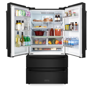 ZLINE 36 in. 22.5 cu. ft. Counter-Depth French Door Refrigerator with Ice Maker in Fingerprint-Resistant Black Stainless Steel (RFM-36-BS) front, refrigeration compartment open.