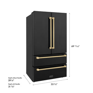 ZLINE Autograph Edition 36 in. 22.5 cu. ft. Counter-Depth French Door Refrigerator with Ice Maker in Fingerprint-Resistant Black Stainless Steel and Champagne Bronze Traditional Handles (RFMZ-36-BS-CB) dimensional diagram.
