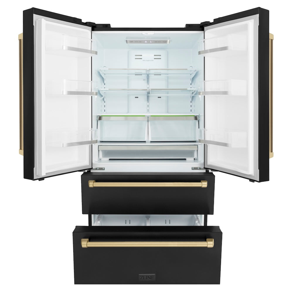 ZLINE Autograph Edition 36 in. 22.5 cu. ft. Counter-Depth French Door Refrigerator with Ice Maker in Fingerprint-Resistant Black Stainless Steel and Champagne Bronze Traditional Handles (RFMZ-36-BS-CB) front, refrigeration compartment and bottom freezer drawers open.