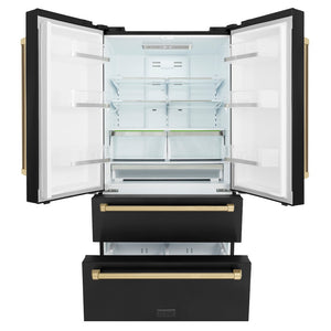 ZLINE Autograph Edition 36 in. 22.5 cu. ft. Counter-Depth French Door Refrigerator with Ice Maker in Fingerprint-Resistant Black Stainless Steel and Champagne Bronze Traditional Handles (RFMZ-36-BS-CB) front, refrigeration compartment and bottom freezer drawers open.