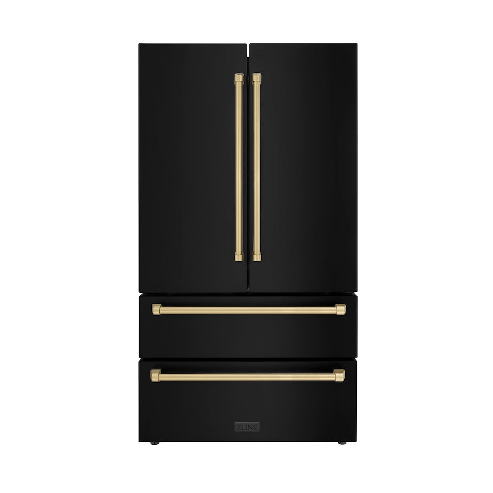 ZLINE Autograph Edition 36 in. 22.5 cu. ft. Counter-Depth French Door Refrigerator with Ice Maker in Fingerprint-Resistant Black Stainless Steel and Champagne Bronze Traditional Handles (RFMZ-36-BS-CB) main image.