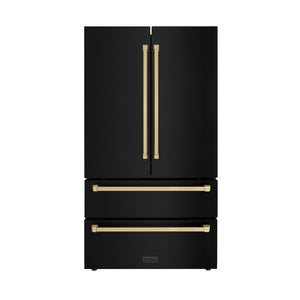 ZLINE Autograph Edition 36 in. 22.5 cu. ft. Counter-Depth French Door Refrigerator with Ice Maker in Fingerprint-Resistant Black Stainless Steel and Champagne Bronze Traditional Handles (RFMZ-36-BS-CB) main image.