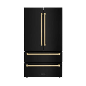 ZLINE Autograph Edition 36 in. 22.5 cu. ft. Counter-Depth French Door Refrigerator with Ice Maker in Fingerprint-Resistant Black Stainless Steel and Champagne Bronze Traditional Handles (RFMZ-36-BS-CB) main image.