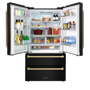 ZLINE Autograph Edition 36 in. 22.5 cu. ft. Counter-Depth French Door Refrigerator with Ice Maker in Fingerprint-Resistant Black Stainless Steel and Champagne Bronze Traditional Handles (RFMZ-36-BS-CB) front, refrigeration compartment open.