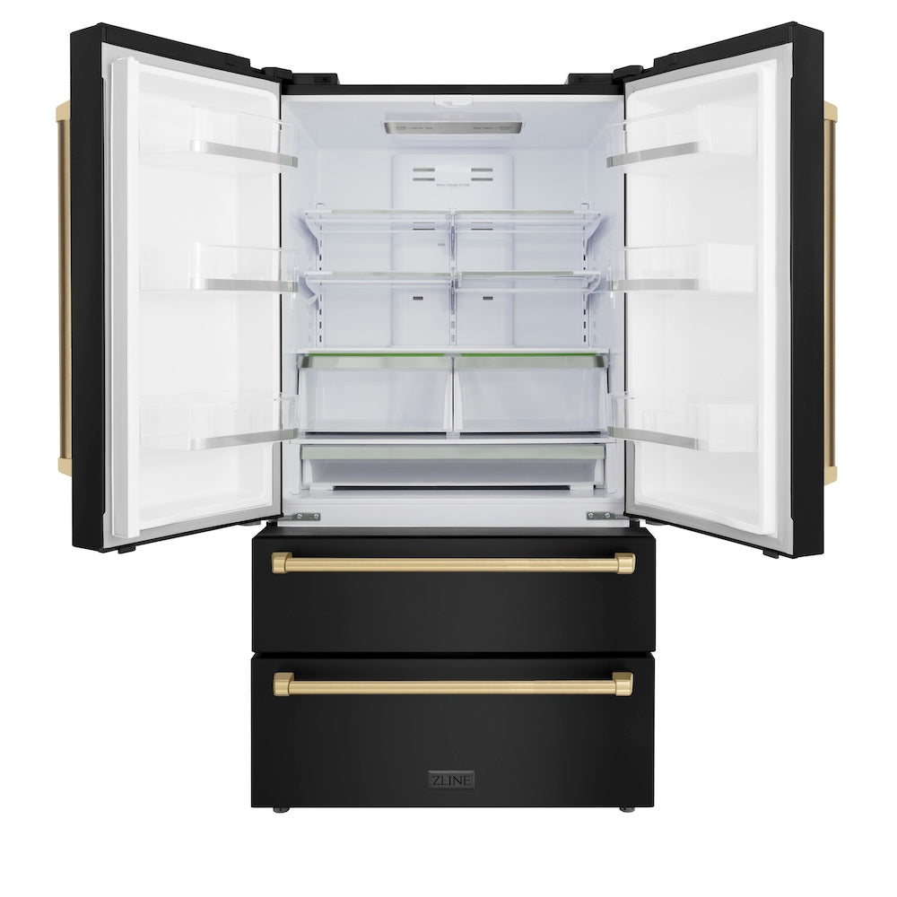 ZLINE Autograph Edition 36 in. 22.5 cu. ft. Counter-Depth French Door Refrigerator with Ice Maker in Fingerprint-Resistant Black Stainless Steel and Champagne Bronze Traditional Handles (RFMZ-36-BS-CB) front, refrigeration compartment open.