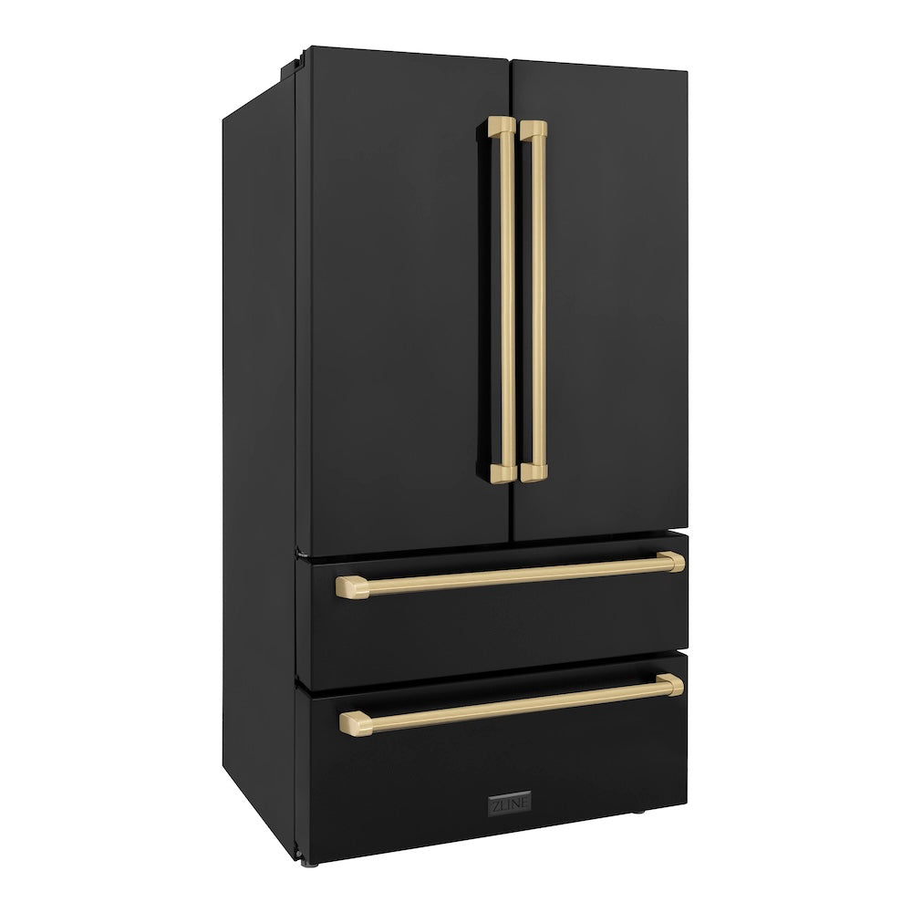 ZLINE Autograph Edition 36 in. 22.5 cu. ft. Counter-Depth French Door Refrigerator with Ice Maker in Fingerprint-Resistant Black Stainless Steel and Champagne Bronze Traditional Handles (RFMZ-36-BS-CB) side, closed.