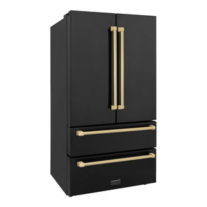ZLINE Autograph Edition 36 in. 22.5 cu. ft. Counter-Depth French Door Refrigerator with Ice Maker in Fingerprint-Resistant Black Stainless Steel and Champagne Bronze Traditional Handles (RFMZ-36-BS-CB) side, closed.