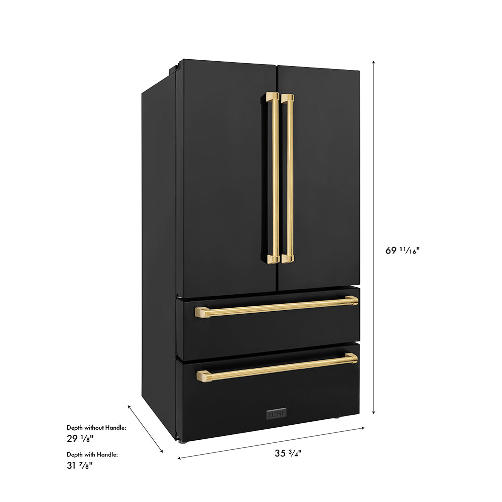 ZLINE Autograph Edition 36 in. 22.5 cu. ft. Counter-Depth French Door Refrigerator with Ice Maker in Fingerprint-Resistant Black Stainless Steel with Polished Gold Traditional Handles (RFMZ-36-BS-G) dimensional diagram.