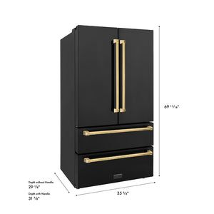 ZLINE Autograph Edition 36 in. 22.5 cu. ft. Counter-Depth French Door Refrigerator with Ice Maker in Fingerprint-Resistant Black Stainless Steel with Polished Gold Traditional Handles (RFMZ-36-BS-G) dimensional diagram.