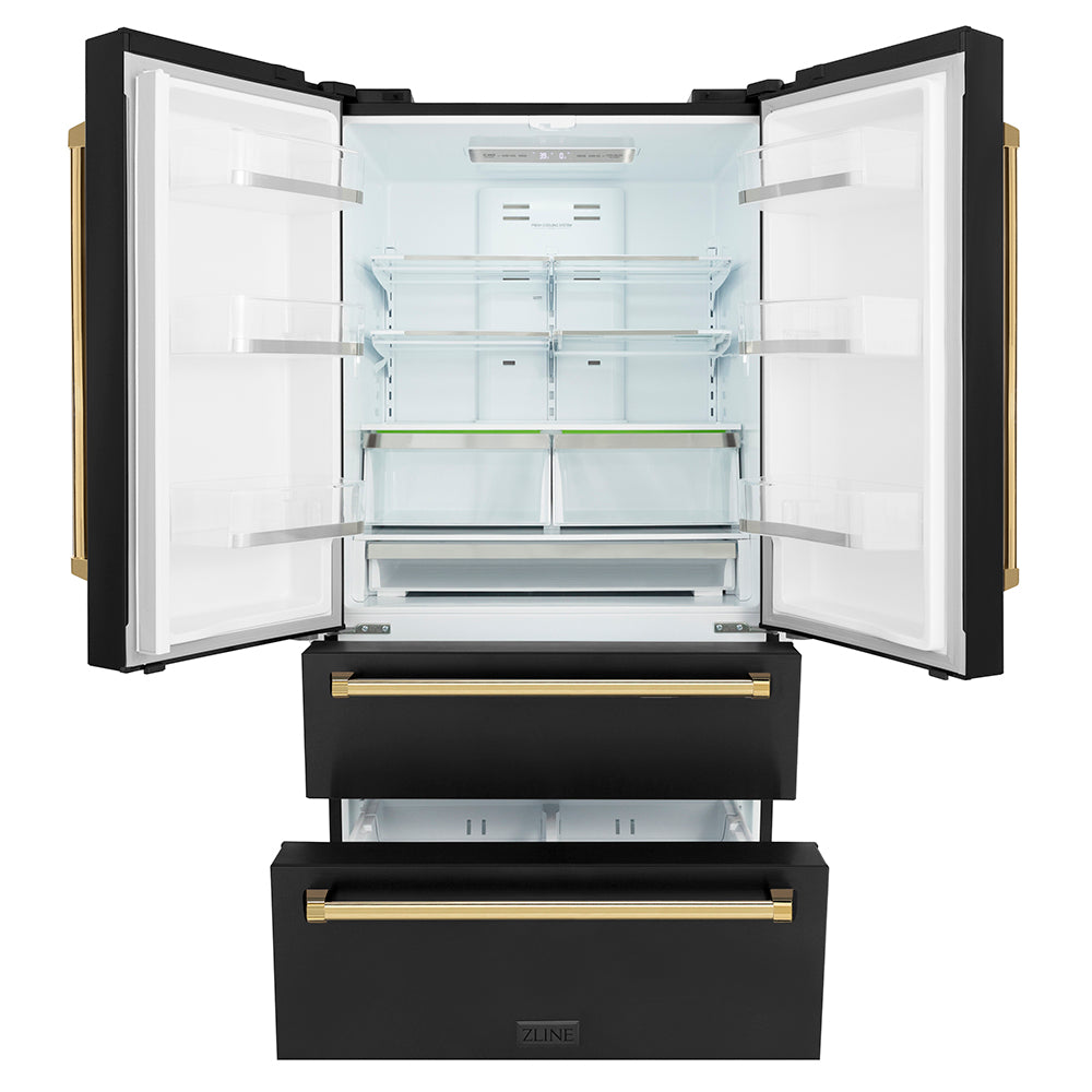 ZLINE Autograph Edition 36 in. 22.5 cu. ft. Counter-Depth French Door Refrigerator with Ice Maker in Fingerprint-Resistant Black Stainless Steel with Polished Gold Traditional Handles (RFMZ-36-BS-G) front, refrigeration compartment and bottom freezer drawers open.