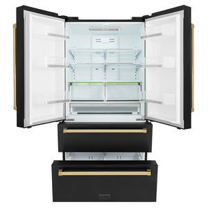ZLINE Autograph Edition 36 in. 22.5 cu. ft. Counter-Depth French Door Refrigerator with Ice Maker in Fingerprint-Resistant Black Stainless Steel with Polished Gold Traditional Handles (RFMZ-36-BS-G) front, refrigeration compartment and bottom freezer drawers open.