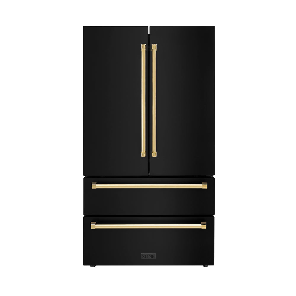ZLINE Autograph Edition 36 in. 22.5 cu. ft. Counter-Depth French Door Refrigerator with Ice Maker in Fingerprint-Resistant Black Stainless Steel with Polished Gold Traditional Handles (RFMZ-36-BS-G) main image.