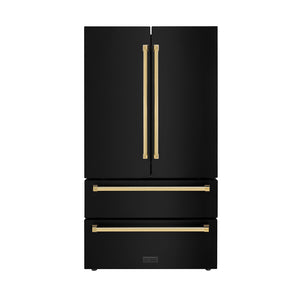ZLINE Autograph Edition 36 in. 22.5 cu. ft. Counter-Depth French Door Refrigerator with Ice Maker in Fingerprint-Resistant Black Stainless Steel with Polished Gold Traditional Handles (RFMZ-36-BS-G) main image.