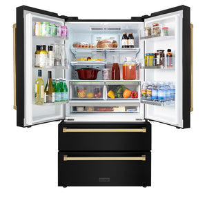 ZLINE Autograph Edition 36 in. 22.5 cu. ft. Counter-Depth French Door Refrigerator with Ice Maker in Fingerprint-Resistant Black Stainless Steel with Polished Gold Traditional Handles (RFMZ-36-BS-G) front, refrigeration compartment open.