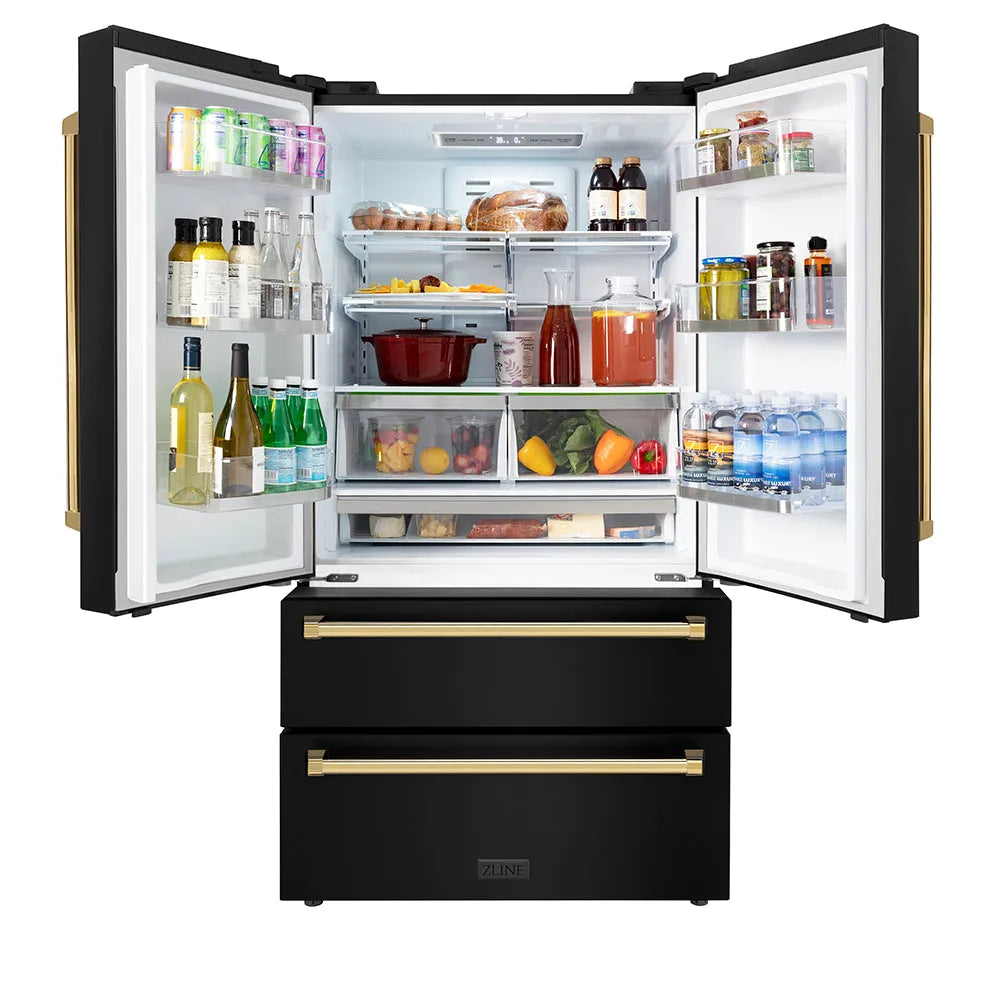 ZLINE Autograph Edition 36 in. 22.5 cu. ft. Counter-Depth French Door Refrigerator with Ice Maker in Fingerprint-Resistant Black Stainless Steel with Polished Gold Traditional Handles (RFMZ-36-BS-G) front, refrigeration compartment open.