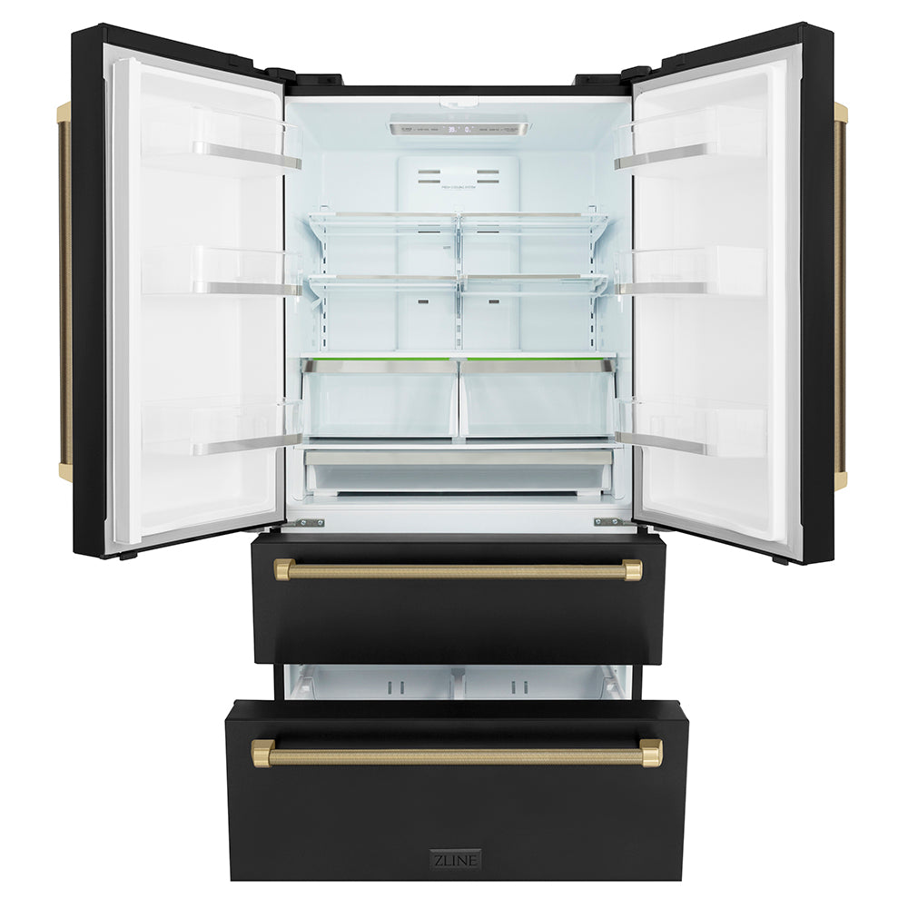 ZLINE Autograph Edition 36 in. 22.5 cu. ft. Counter-Depth French Door Refrigerator with Ice Maker in Fingerprint-Resistant Black Stainless Steel and Champagne Bronze Helix Handles (RFMZ-36-BS-KCB) front, refrigeration compartment and bottom freezer drawers open.
