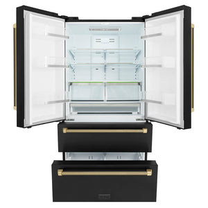 ZLINE Autograph Edition 36 in. 22.5 cu. ft. Counter-Depth French Door Refrigerator with Ice Maker in Fingerprint-Resistant Black Stainless Steel and Champagne Bronze Helix Handles (RFMZ-36-BS-KCB) front, refrigeration compartment and bottom freezer drawers open.