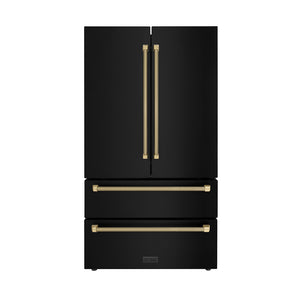 ZLINE Autograph Edition 36 in. 22.5 cu. ft. Counter-Depth French Door Refrigerator with Ice Maker in Fingerprint-Resistant Black Stainless Steel and Champagne Bronze Helix Handles (RFMZ-36-BS-KCB)
