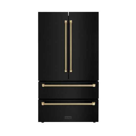 ZLINE Autograph Edition 36 in. 22.5 cu. ft. Counter-Depth French Door Refrigerator with Ice Maker in Fingerprint-Resistant Black Stainless Steel and Champagne Bronze Helix Handles (RFMZ-36-BS-KCB)