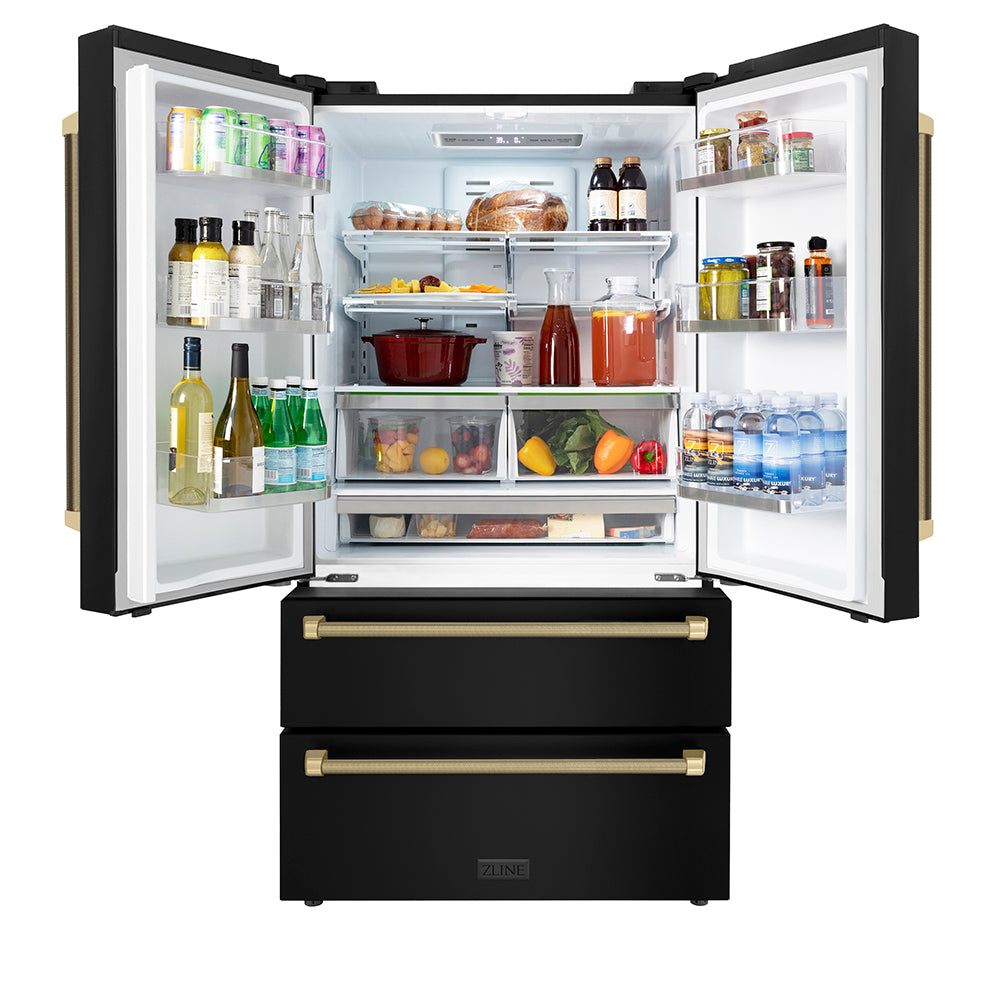 ZLINE Autograph Edition 36 in. 22.5 cu. ft. Counter-Depth French Door Refrigerator with Ice Maker in Fingerprint-Resistant Black Stainless Steel and Champagne Bronze Helix Handles (RFMZ-36-BS-KCB) front, open.