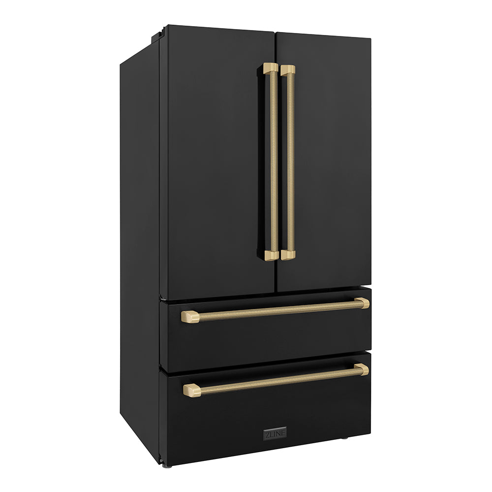 ZLINE Autograph Edition 36 in. 22.5 cu. ft. Counter-Depth French Door Refrigerator with Ice Maker in Fingerprint-Resistant Black Stainless Steel and Champagne Bronze Helix Handles (RFMZ-36-BS-KCB) side.