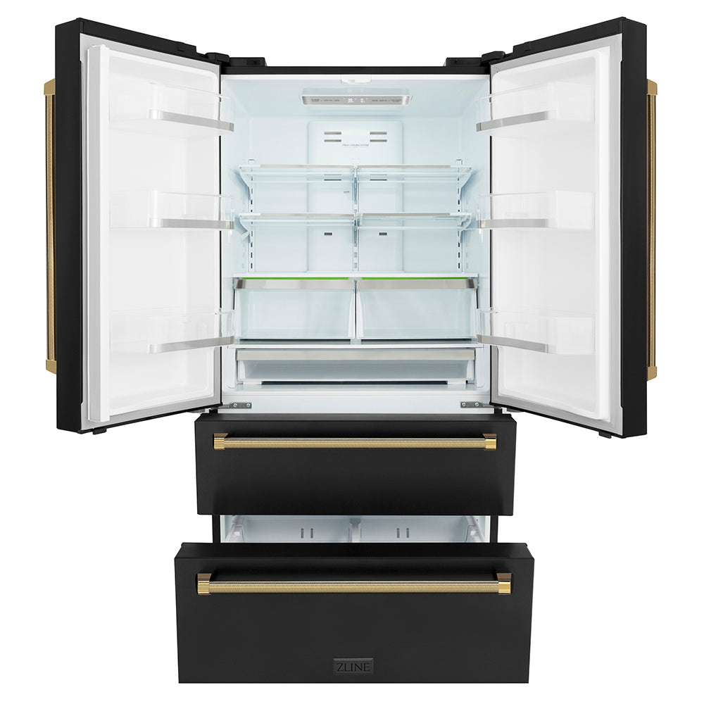 ZLINE Autograph Edition 36 in. 22.5 cu. ft. Counter-Depth French Door Refrigerator with Ice Maker in Fingerprint-Resistant Black Stainless Steel and Polished Gold Helix Handles (RFMZ-36-BS-KG) front, refrigeration compartment and bottom freezer drawers open.