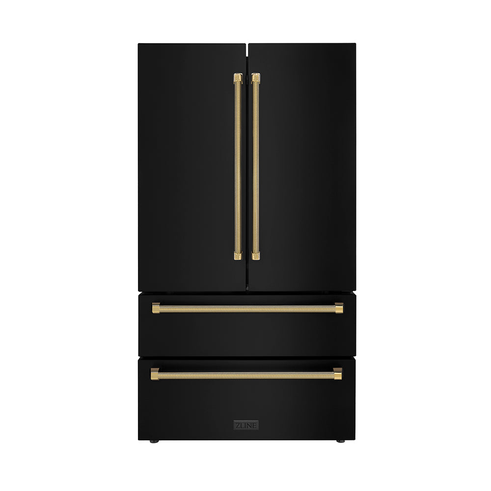ZLINE Autograph Edition 36 in. 22.5 cu. ft. Counter-Depth French Door Refrigerator with Ice Maker in Fingerprint-Resistant Black Stainless Steel and Polished Gold Helix Handles (RFMZ-36-BS-KG)