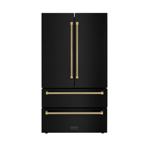 ZLINE Autograph Edition 36 in. 22.5 cu. ft. Counter-Depth French Door Refrigerator with Ice Maker in Fingerprint-Resistant Black Stainless Steel and Polished Gold Helix Handles (RFMZ-36-BS-KG)