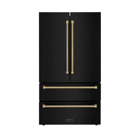 ZLINE Autograph Edition 36 in. 22.5 cu. ft. Counter-Depth French Door Refrigerator with Ice Maker in Fingerprint-Resistant Black Stainless Steel and Polished Gold Helix Handles (RFMZ-36-BS-KG)