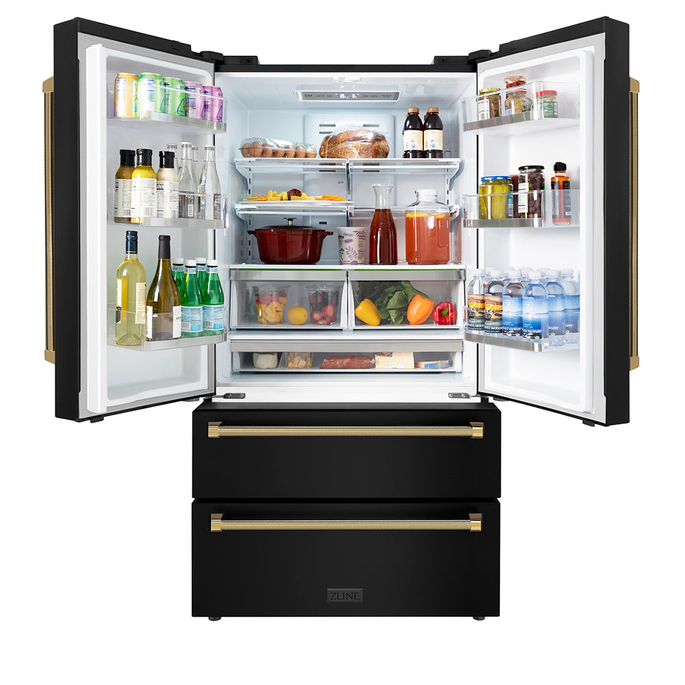 ZLINE Autograph Edition 36 in. 22.5 cu. ft. Counter-Depth French Door Refrigerator with Ice Maker in Fingerprint-Resistant Black Stainless Steel and Polished Gold Helix Handles (RFMZ-36-BS-KG) front, open.