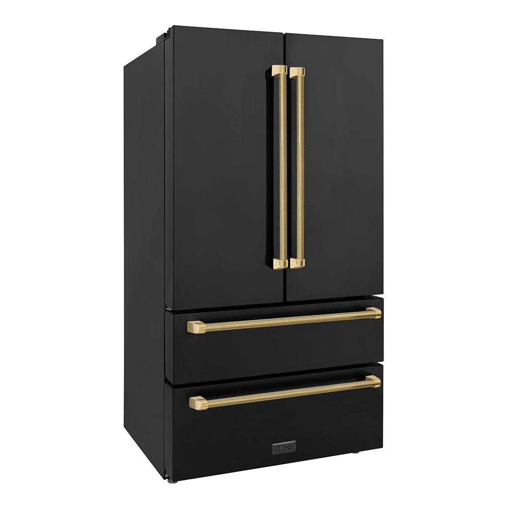 ZLINE Autograph Edition 36 in. 22.5 cu. ft. Counter-Depth French Door Refrigerator with Ice Maker in Fingerprint-Resistant Black Stainless Steel and Polished Gold Helix Handles (RFMZ-36-BS-KG) side.