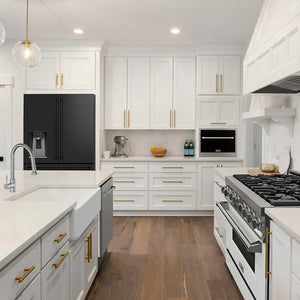Modern kitchen with ZLINE 36 in. 21.6 cu. ft. Counter-Depth French Door Refrigerator with Water and Ice Dispenser in Fingerprint-Resistant Black Stainless Steel (RFM-W-36-BS), white cabinets, black appliances, and wooden flooring.