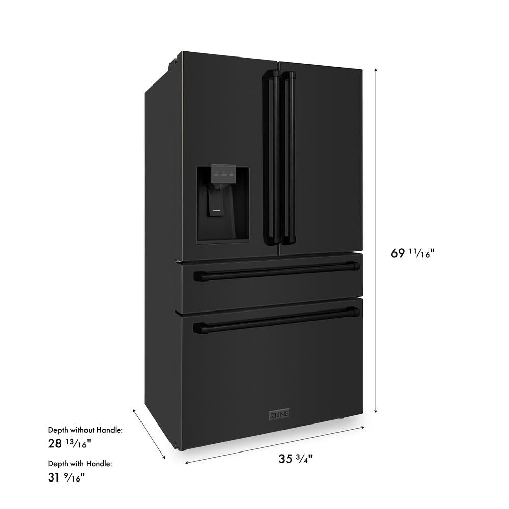 ZLINE 36 in. 21.6 cu. ft. Counter-Depth French Door Refrigerator with Water and Ice Dispenser in Fingerprint-Resistant Black Stainless Steel (RFM-W-36-BS) dimensional diagram.