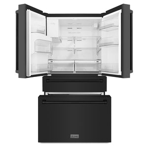ZLINE 36 in. 21.6 cu. ft. Counter-Depth French Door Refrigerator with Water and Ice Dispenser in Fingerprint-Resistant Black Stainless Steel (RFM-W-36-BS) front, refrigeration compartment and bottom freezer drawers open.
