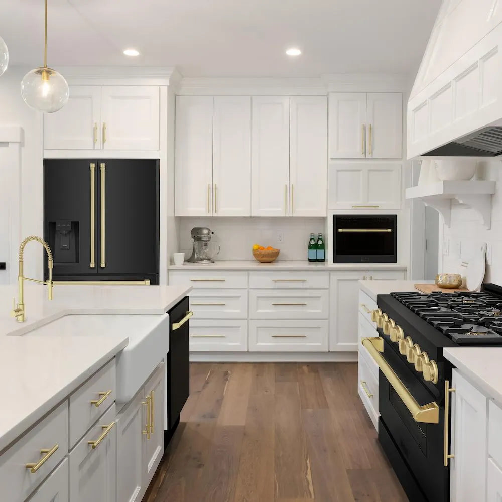 Modern kitchen with ZLINE Autograph Edition 36 in. 21.6 cu. ft Counter-Depth French Door Refrigerator with Water and Ice Dispenser in Fingerprint-Resistant Black Stainless Steel with Champagne Bronze Traditional Handles (RFMZ-W-36-BS-CB), white cabinets, and gold fixtures.