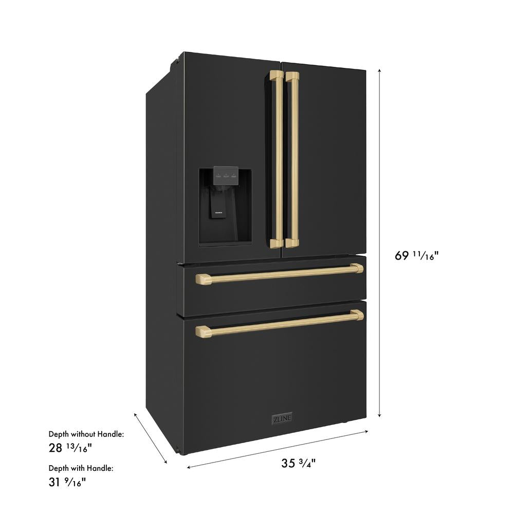ZLINE Autograph Edition 36 in. 21.6 cu. ft Counter-Depth French Door Refrigerator with Water and Ice Dispenser in Fingerprint-Resistant Black Stainless Steel with Champagne Bronze Traditional Handles (RFMZ-W-36-BS-CB) dimensional diagram.