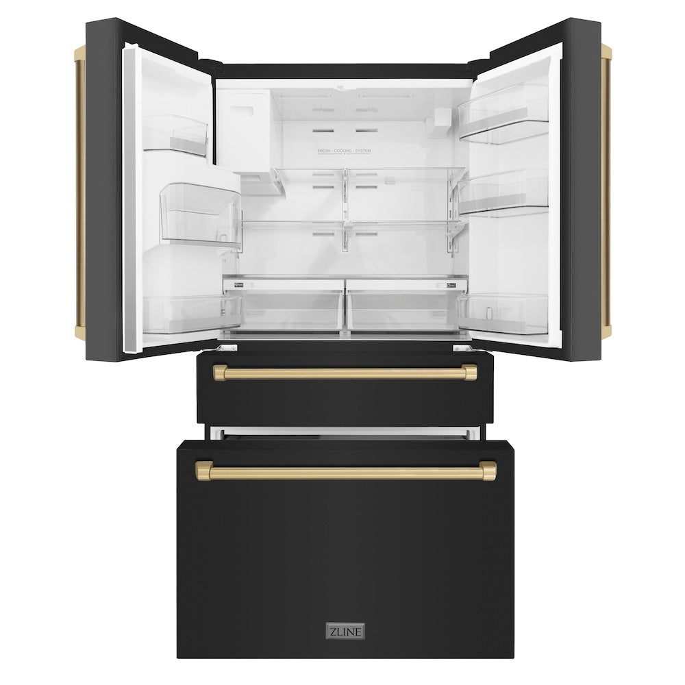 ZLINE Autograph Edition 36 in. 21.6 cu. ft Counter-Depth French Door Refrigerator with Water and Ice Dispenser in Fingerprint-Resistant Black Stainless Steel with Champagne Bronze Traditional Handles (RFMZ-W-36-BS-CB) front, refrigeration compartment and bottom freezer drawers open.