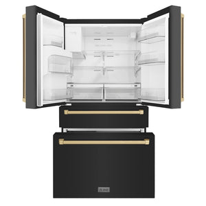 ZLINE Autograph Edition 36 in. 21.6 cu. ft Counter-Depth French Door Refrigerator with Water and Ice Dispenser in Fingerprint-Resistant Black Stainless Steel with Champagne Bronze Traditional Handles (RFMZ-W-36-BS-CB) front, refrigeration compartment and bottom freezer drawers open.