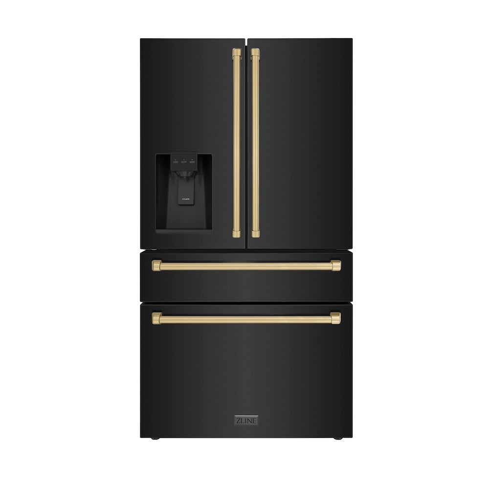 ZLINE Autograph Edition 36 in. 21.6 cu. ft Counter-Depth French Door Refrigerator with Water and Ice Dispenser in Fingerprint-Resistant Black Stainless Steel with Champagne Bronze Traditional Handles (RFMZ-W-36-BS-CB) main image.