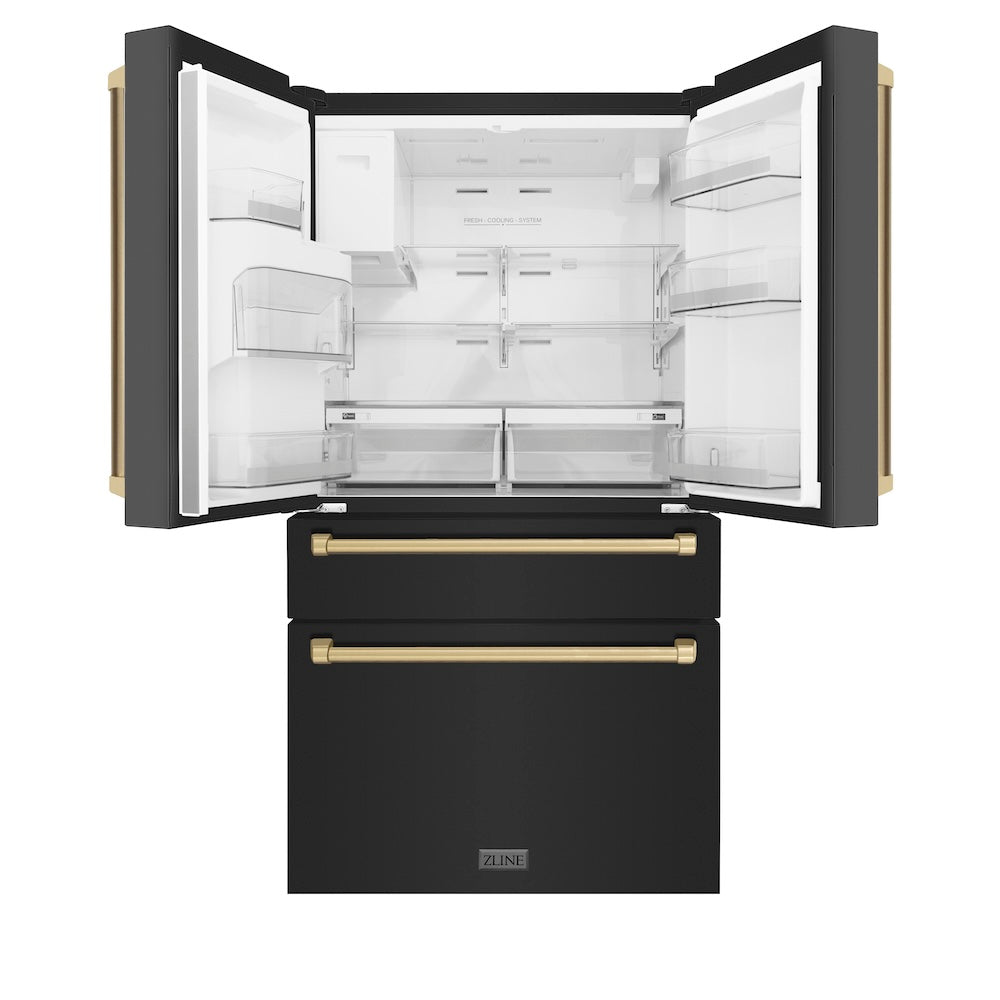 ZLINE Autograph Edition 36 in. 21.6 cu. ft Counter-Depth French Door Refrigerator with Water and Ice Dispenser in Fingerprint-Resistant Black Stainless Steel with Champagne Bronze Traditional Handles (RFMZ-W-36-BS-CB) front, refrigeration compartment open.