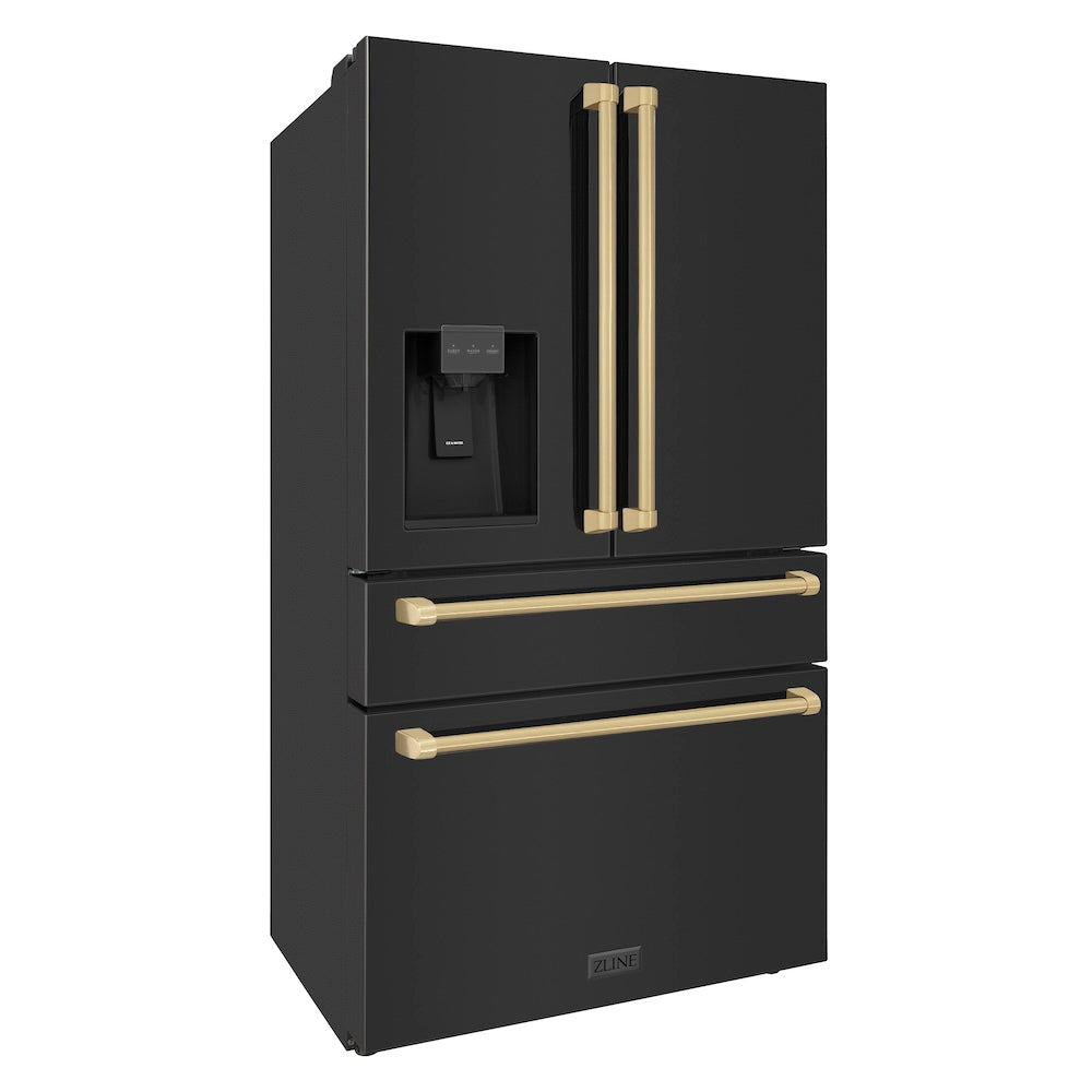 ZLINE Autograph Edition 36 in. 21.6 cu. ft Counter-Depth French Door Refrigerator with Water and Ice Dispenser in Fingerprint-Resistant Black Stainless Steel with Champagne Bronze Traditional Handles (RFMZ-W-36-BS-CB) side, closed.