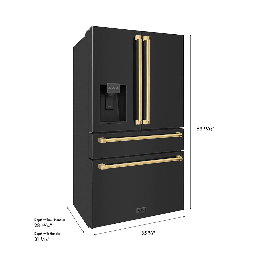 ZLINE Autograph Edition 36 in. 21.6 cu. ft. Counter-Depth French Door Refrigerator with Water and Ice Dispenser in Fingerprint-Resistant Black Stainless Steel with Polished Gold Traditional Handles (RFMZ-W-36-BS-G) dimensional diagram.