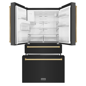 ZLINE Autograph Edition 36 in. 21.6 cu. ft. Counter-Depth French Door Refrigerator with Water and Ice Dispenser in Fingerprint-Resistant Black Stainless Steel with Polished Gold Traditional Handles (RFMZ-W-36-BS-G) front, refrigeration compartment and bottom freezer drawers open.
