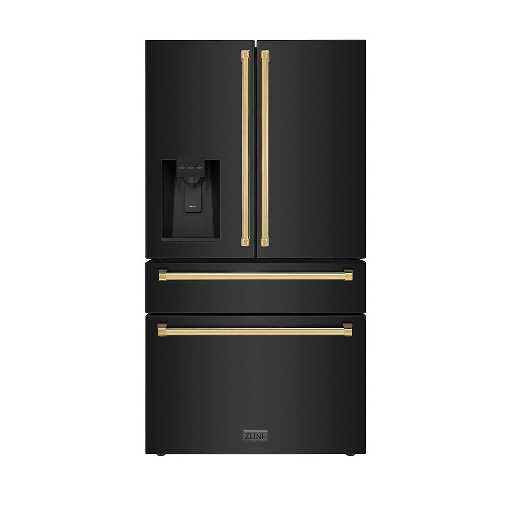 ZLINE Autograph Edition 36 in. 21.6 cu. ft. Counter-Depth French Door Refrigerator with Water and Ice Dispenser in Fingerprint-Resistant Black Stainless Steel with Polished Gold Traditional Handles (RFMZ-W-36-BS-G) main image.