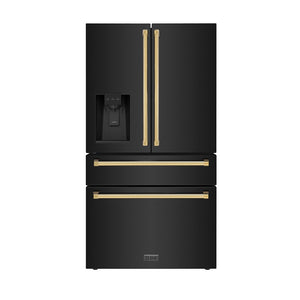 ZLINE Autograph Edition 36 in. 21.6 cu. ft. Counter-Depth French Door Refrigerator with Water and Ice Dispenser in Fingerprint-Resistant Black Stainless Steel with Polished Gold Traditional Handles (RFMZ-W-36-BS-G) main image.