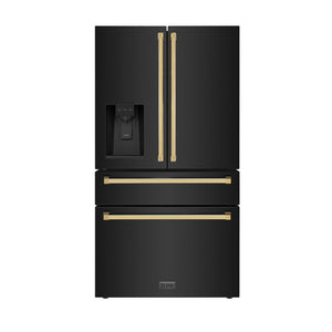 ZLINE Autograph Edition 36 in. 21.6 cu. ft. Counter-Depth French Door Refrigerator with Water and Ice Dispenser in Fingerprint-Resistant Black Stainless Steel with Polished Gold Traditional Handles (RFMZ-W-36-BS-G) front, closed.