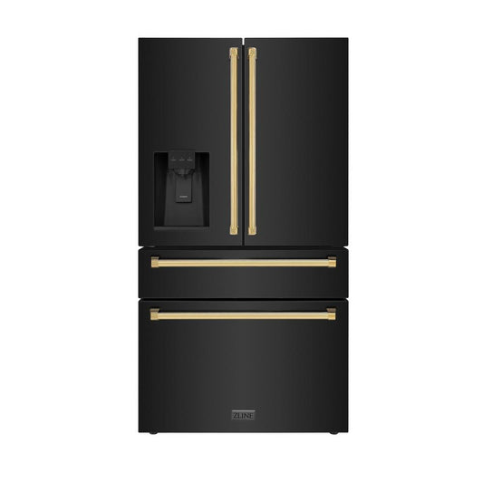ZLINE Autograph Edition 36 in. 21.6 cu. ft. Counter-Depth French Door Refrigerator with Water and Ice Dispenser in Fingerprint-Resistant Black Stainless Steel with Polished Gold Traditional Handles (RFMZ-W-36-BS-G) front, closed.
