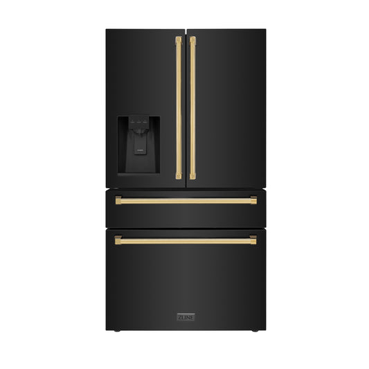 ZLINE Autograph Edition 36 in. 21.6 cu. ft Freestanding French Door Refrigerator with Water and Ice Dispenser in Fingerprint Resistant Black Stainless Steel with Polished Gold Accents (RFMZ-W-36-BS-G) 