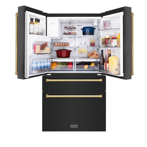 ZLINE Autograph Edition 36 in. 21.6 cu. ft. Counter-Depth French Door Refrigerator with Water and Ice Dispenser in Fingerprint-Resistant Black Stainless Steel with Polished Gold Traditional Handles (RFMZ-W-36-BS-G) front, refrigeration compartment open.